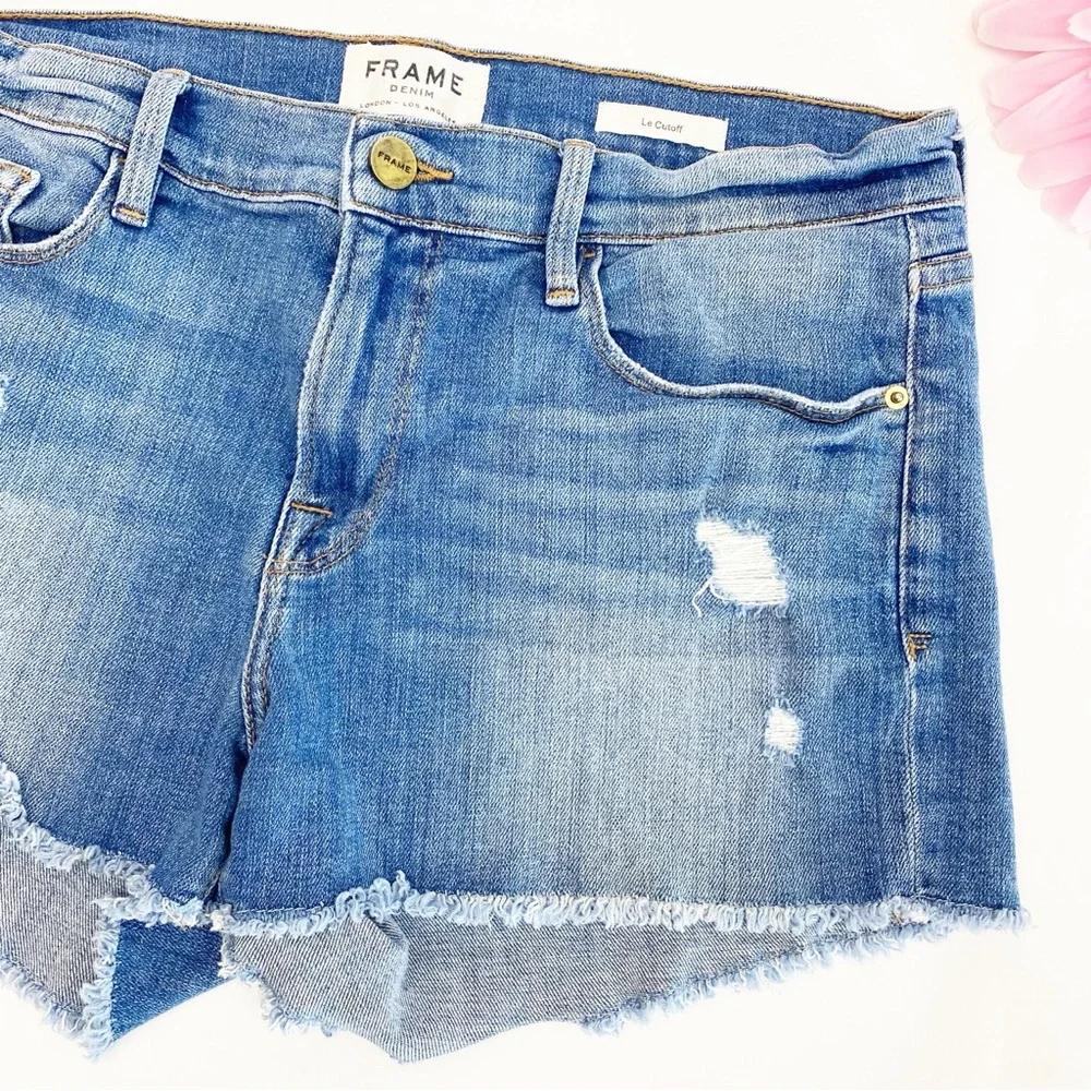 Frame Denim Le Cutoff Denim Jean Shorts Distressed Oxnard Blue Light Wash